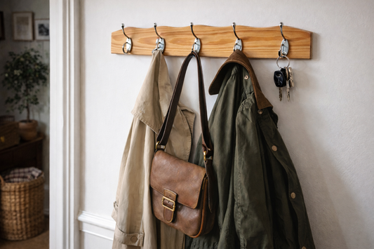 Wood and metal wall coat rack by Razzia, with hooks and shelf for hanging coats and accessories in a modern design.