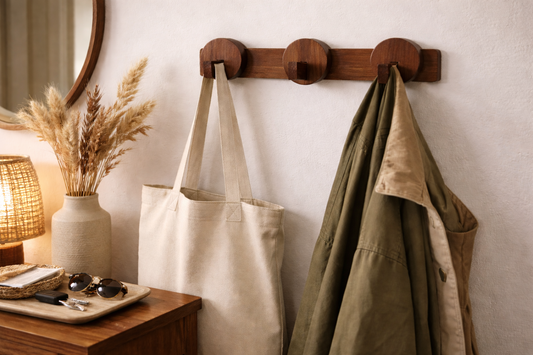 Wooden coat rack from the 1960s by Razzia, featuring multiple hooks and a vintage mid-century design.