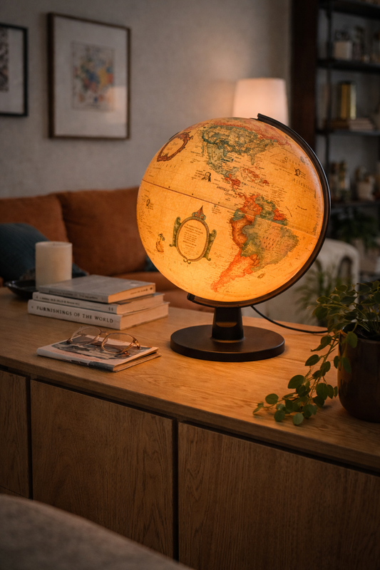 Globe lumineux Razzia design vintage danois, sphère décorative éclairée, style rétro, vue frontale du globe avec illumination.