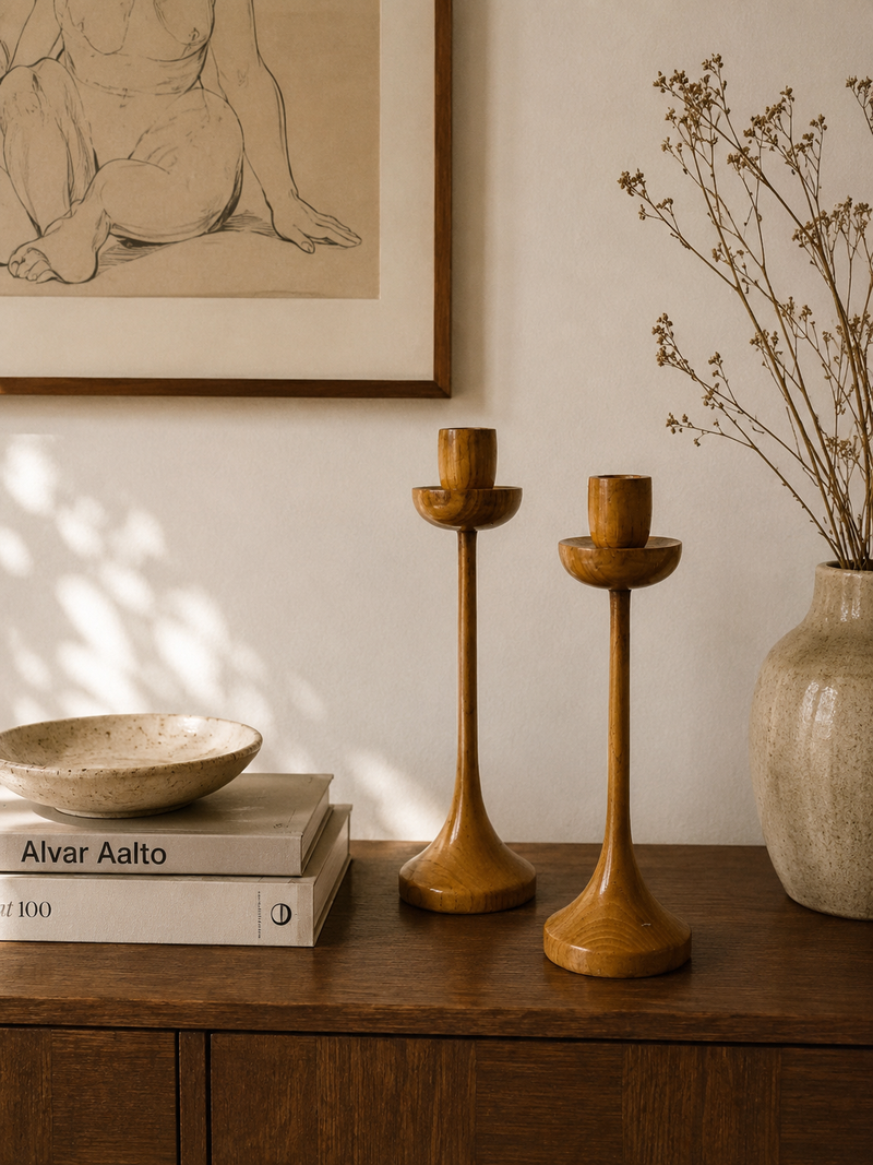 Paire de bougeoirs en bois Razzia avec design élégant pour décoration intérieure chaleureuse.