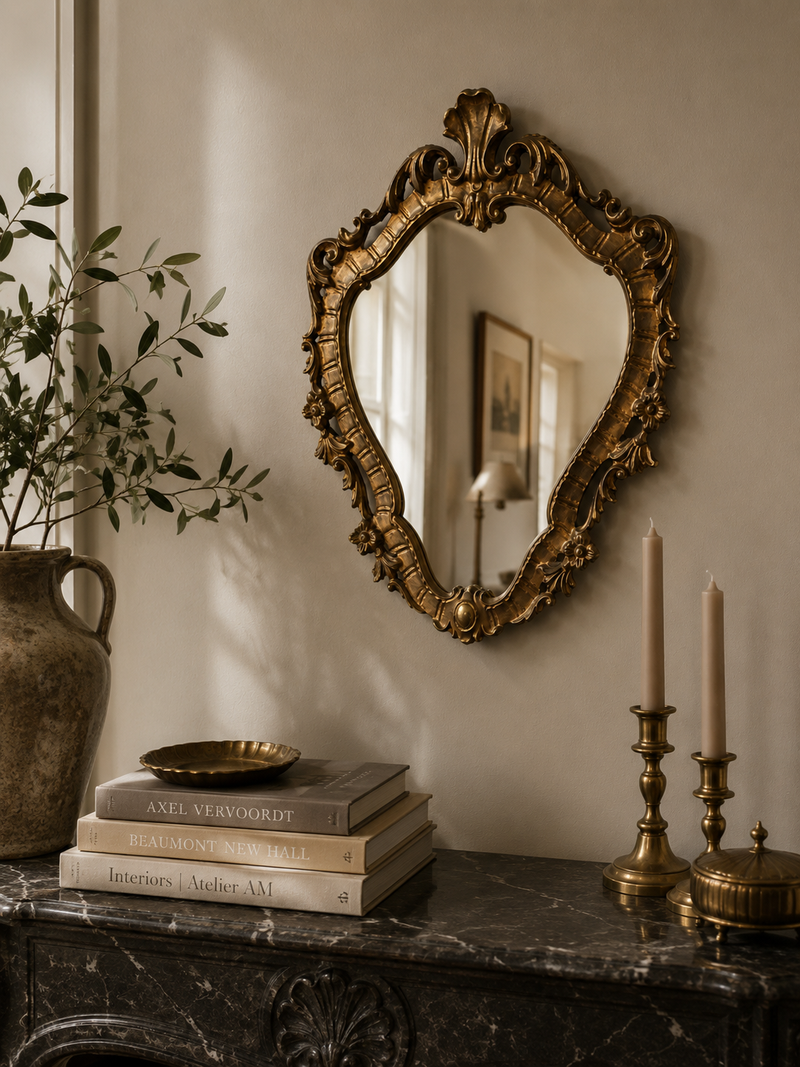 Grand miroir mural style rococo doré de la marque Razzia, avec cadre orné et détails élégants pour décoration intérieure.