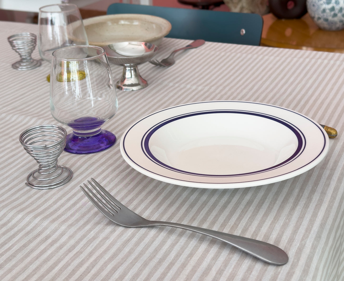 Lot de 6 grandes assiettes creuses liseré bleu