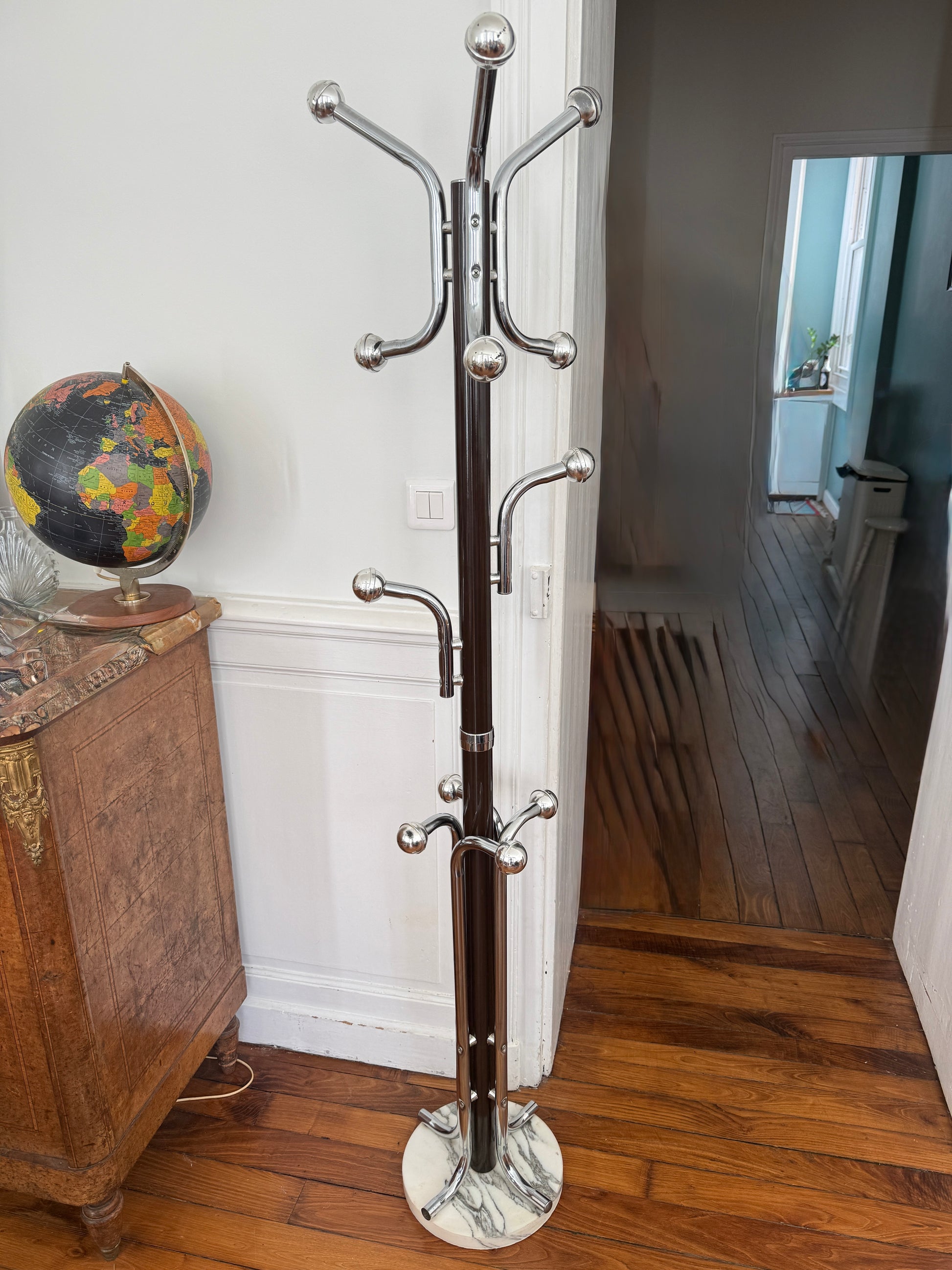 Vintage Razzia metal coat rack with 12 pegs, 1970s style, wall-mounted with a retro industrial design.
