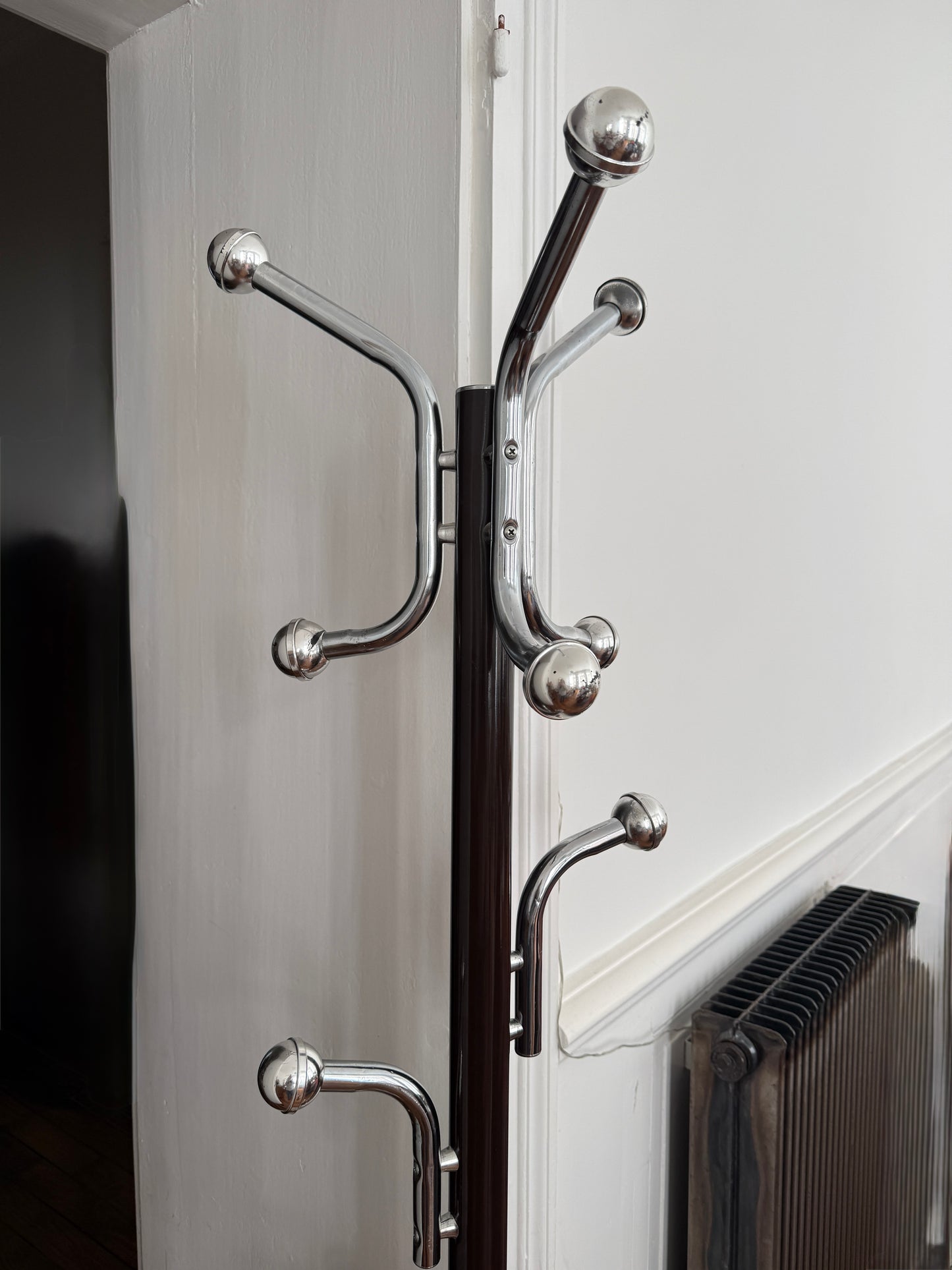 Vintage Razzia metal coat rack with 12 hooks, 1970s design, sturdy wall-mounted hanger for coats and accessories.