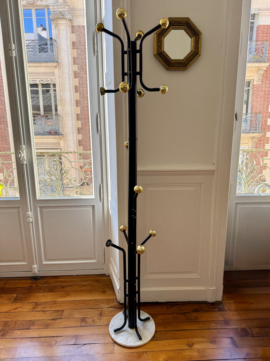 Gold metal coat rack with 14 hooks, vintage 1970s style by Razzia, featuring a sleek design and classic retro look.