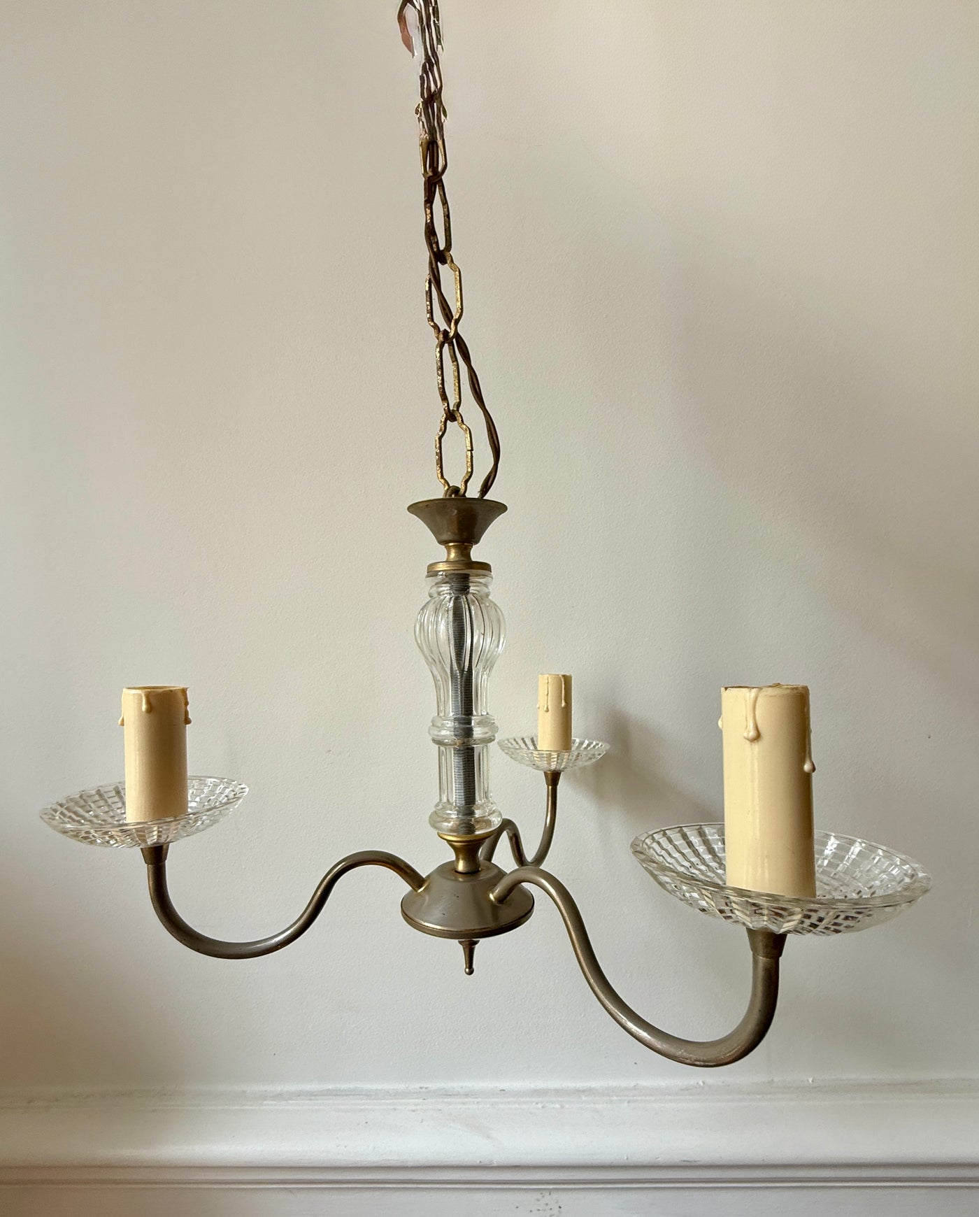 Lustre vintage 3 branches en laiton et verre