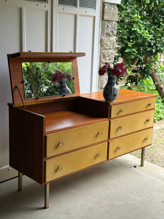 Enfilade commode coiffeuse Razzia Roger Landault en bois clair avec tiroirs et miroir intégré, style vintage élégant.
