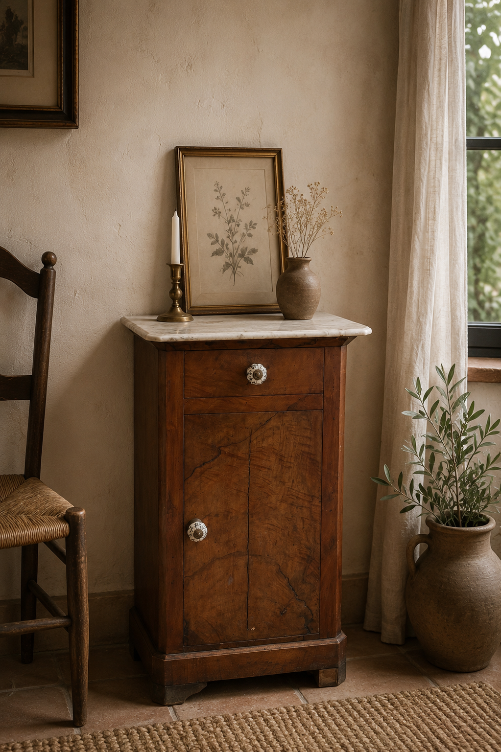 Table d'appoint en bois et marbre poignées en céramique