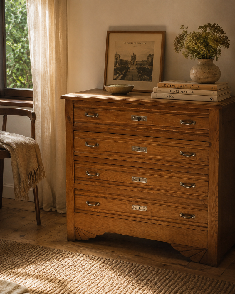 Commode Razzia en bois brut avec 4 tiroirs et accents en chrome, style art déco, visible dans l'image.