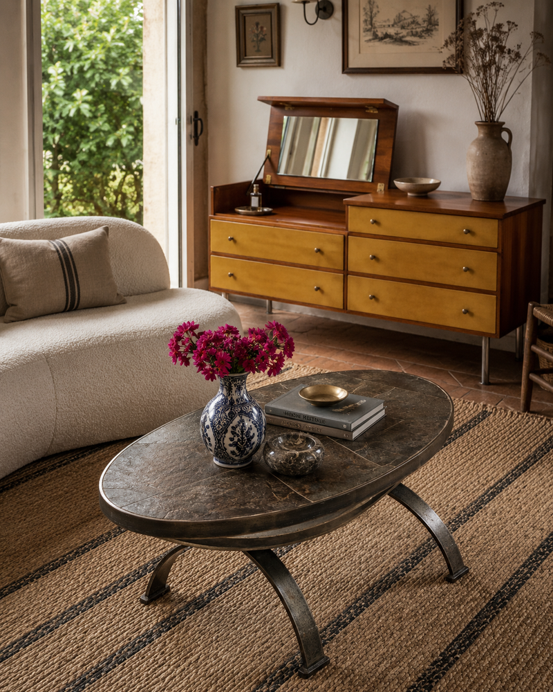 Table basse en fer forgé et ardoise de style années 60, création Razzia, design inspiré de Jean Jaffeux avec surface en ardoise.
