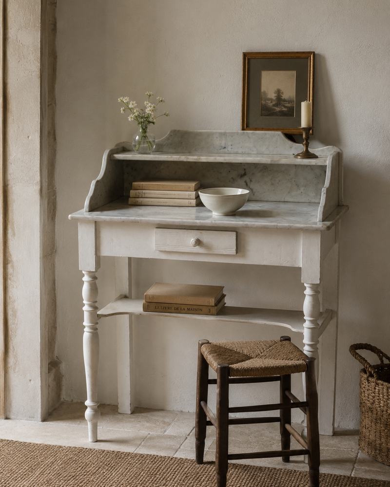 Bureau coiffeuse en bois et marbre shabby chic de la marque Razzia, avec surface en marbre blanc et structure en bois vintage.