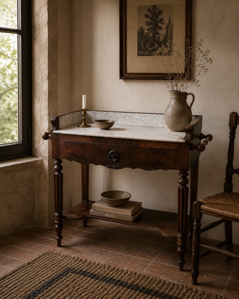 Bureau coiffeuse en bois avec surface en marbre blanc, design élégant et moderne, par la marque Razzia.