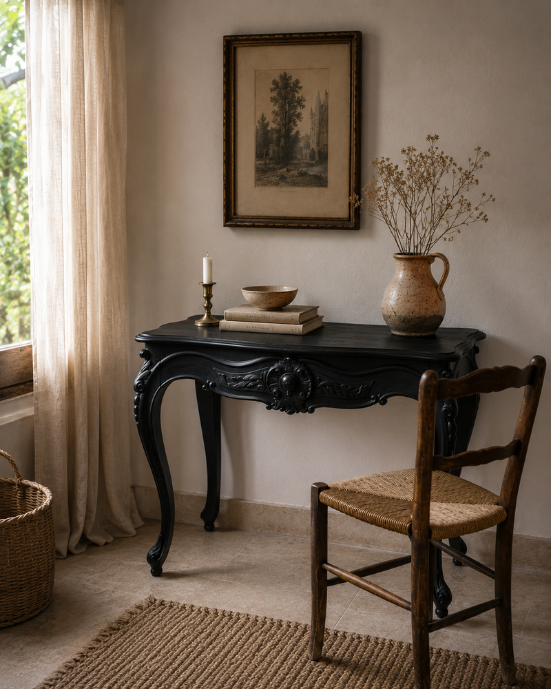 Table à manger ou bureau baroque en hêtre noir de Razzia, avec finition élégante et surface lisse.